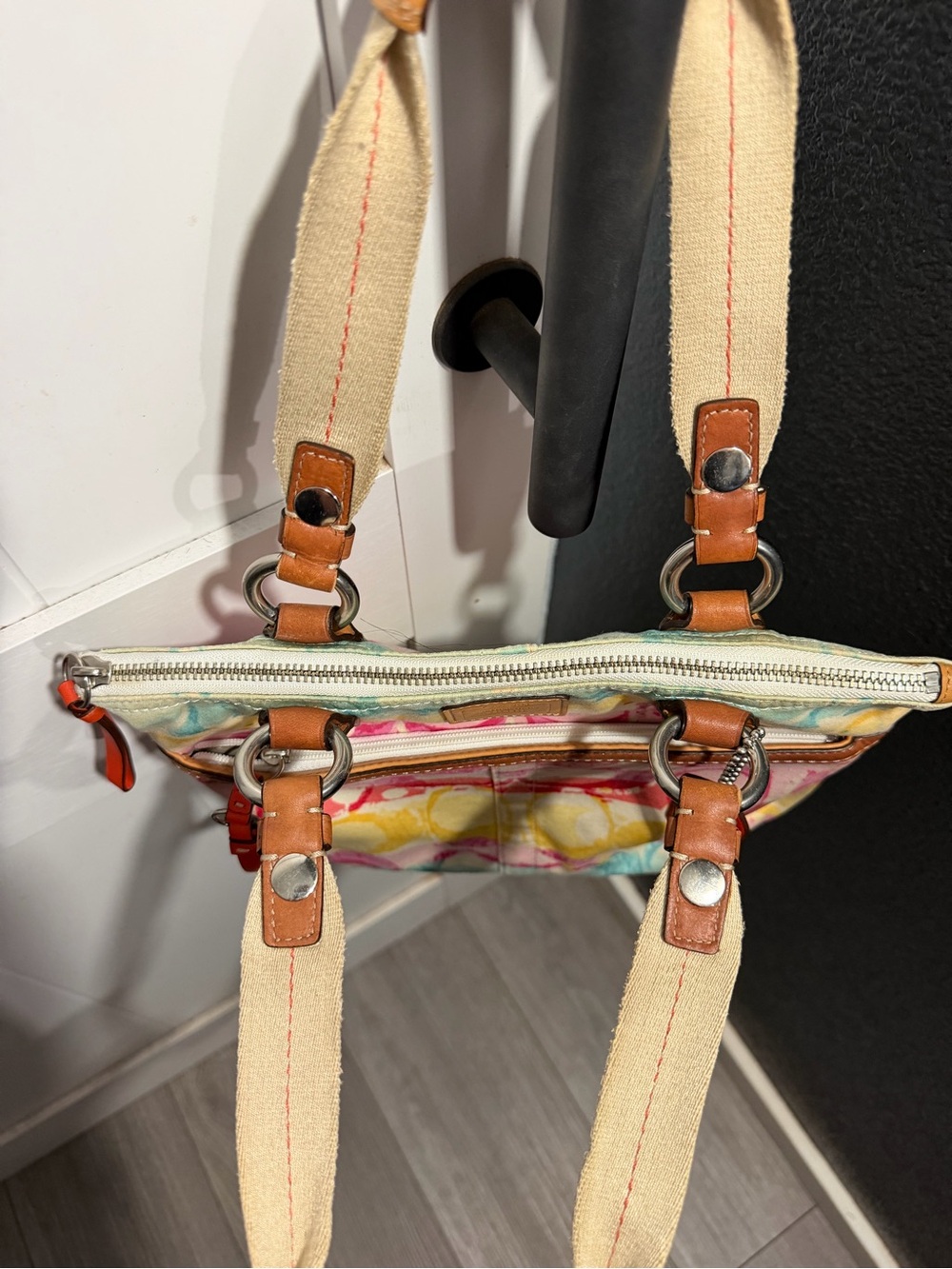 Coach Multicolor Signature Print Canvas Tote with Tan Leather Trim - Picture 7 of 9